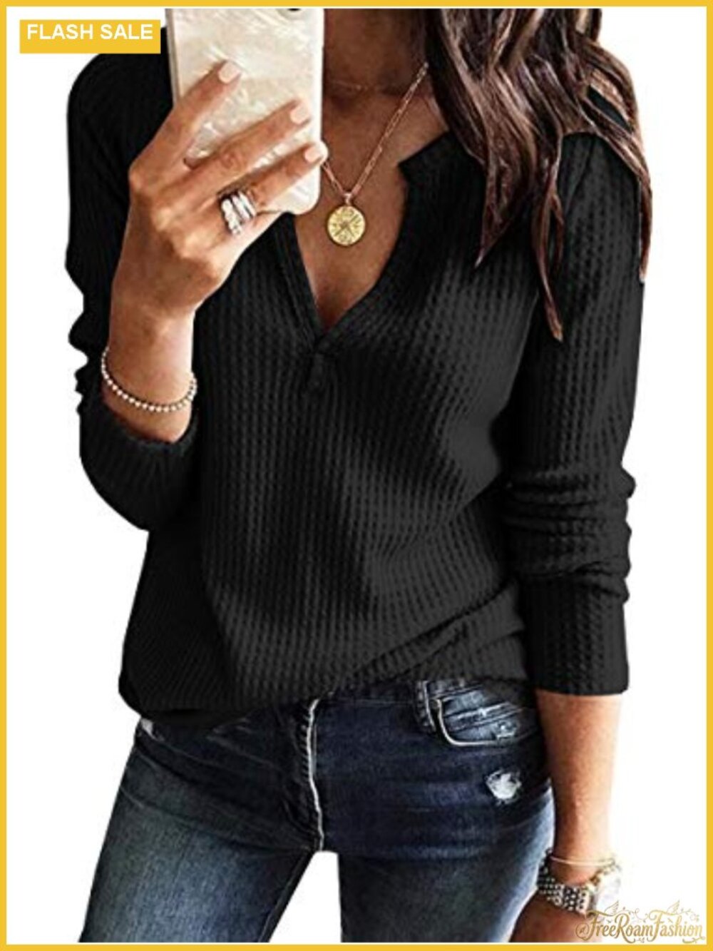 Waffle Knit V Neck Long Sleeve Top Loose Fit Pullover Sweater